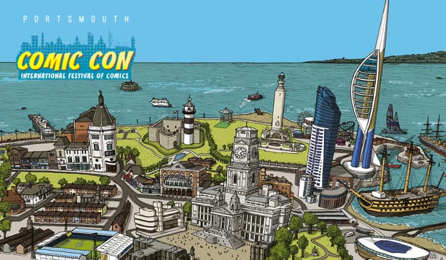 Illustration for Portsmouth Comic Con, featuring a drawing of the city skyline